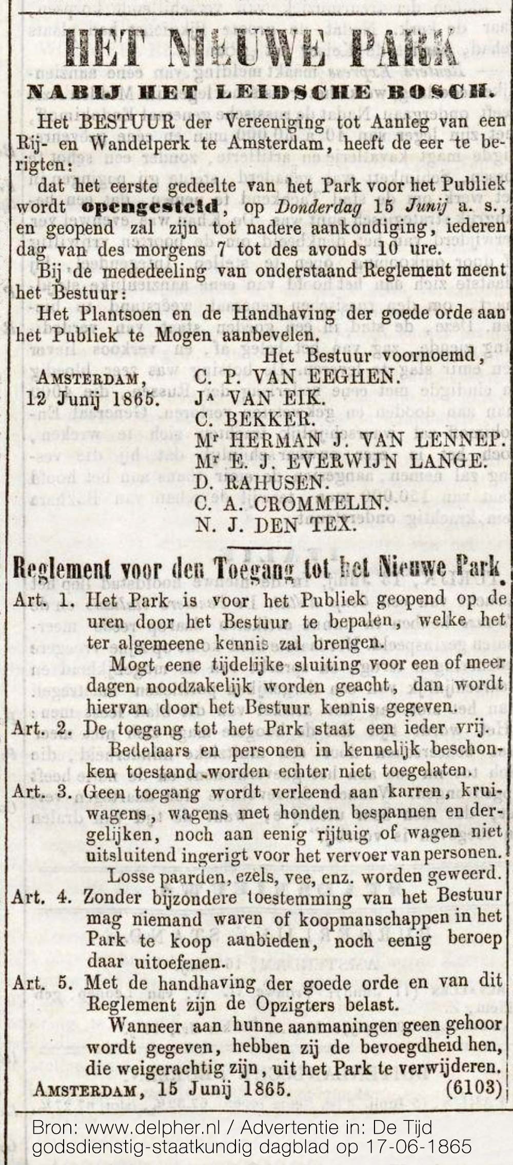 Opening Het Nieuwe Park 15 juni 1865
